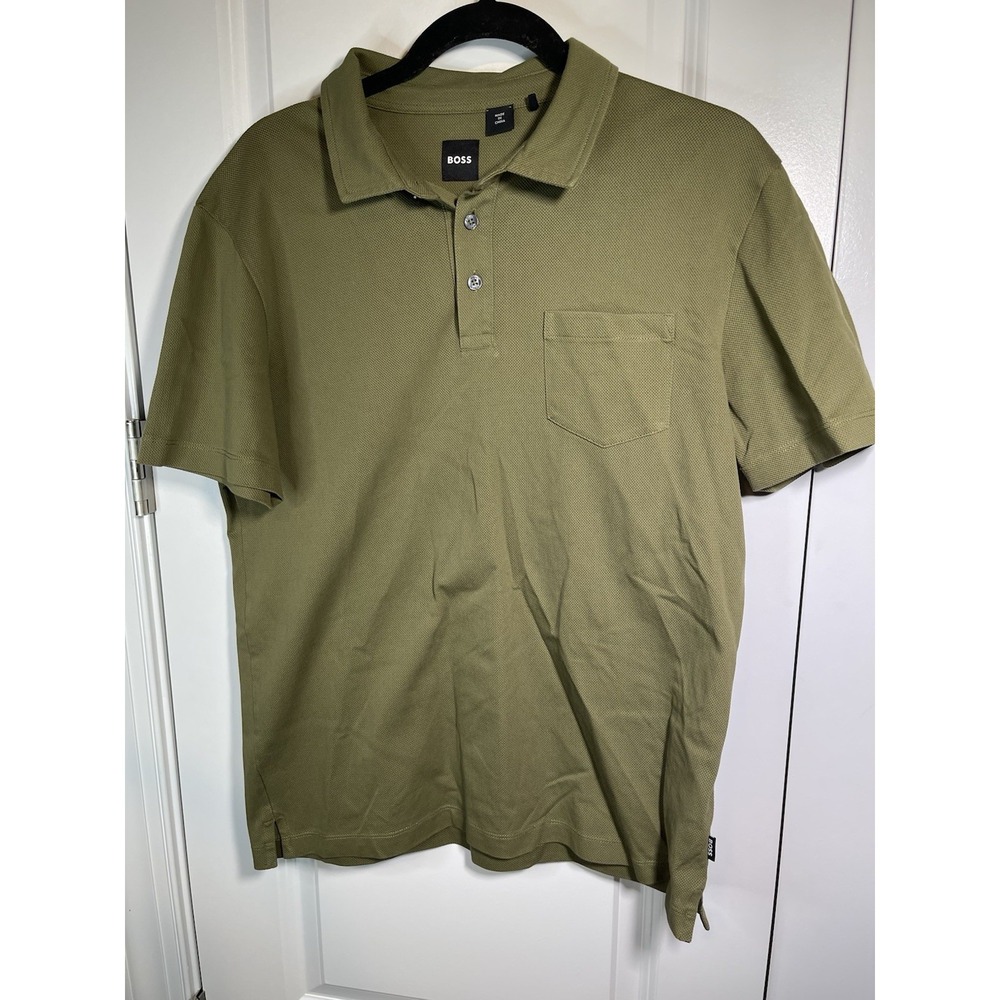 Hugo Boss Polo Shirt Mens Medium Olive Green Short Sleeve Pocket Cotton EUC